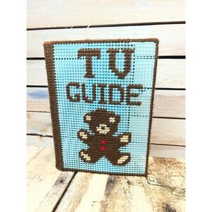 Vintage TV Guide Cover Plastic Canvas Handmade Teddy Bear Retro Prop Decor